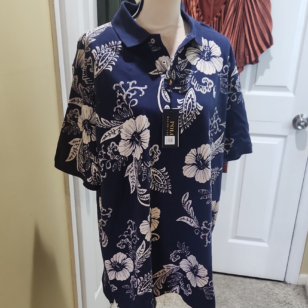 Polo Ralph Lauren  Blue and White Polo Shirt with Floral Design Size XL
